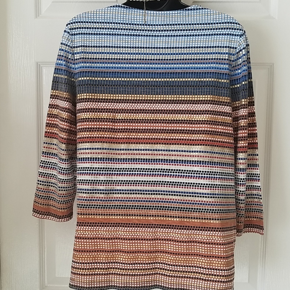 Chico's, 0145, multi-color tee, Denim, Rust and Gold, Size  S - Picture 2 of 6
